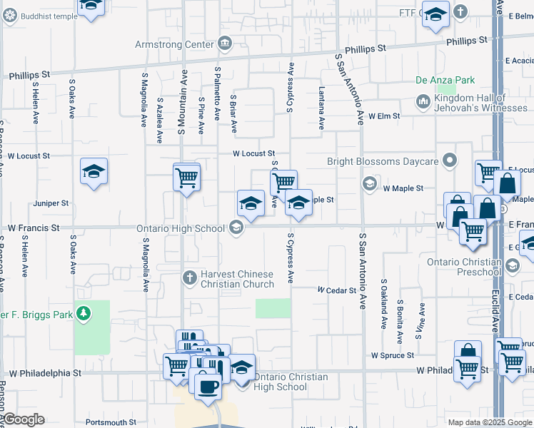 map of restaurants, bars, coffee shops, grocery stores, and more near 831 West Ashland Street in Ontario