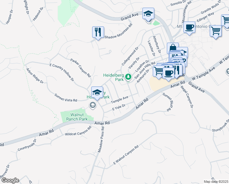 map of restaurants, bars, coffee shops, grocery stores, and more near 1310 Wesleyan Avenue in Walnut