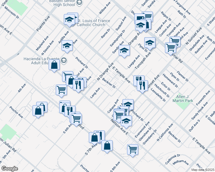 map of restaurants, bars, coffee shops, grocery stores, and more near 14403 Moccasin Street in La Puente