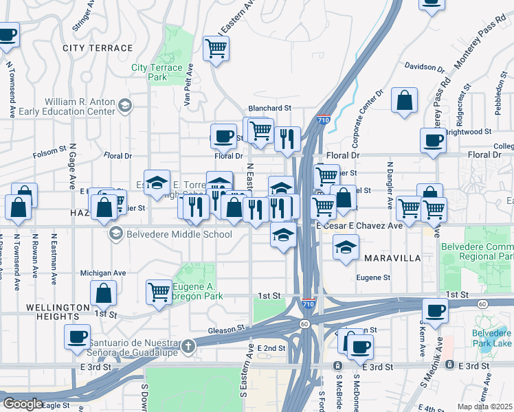 map of restaurants, bars, coffee shops, grocery stores, and more near 4315 East Cesar E Chavez Avenue in East Los Angeles