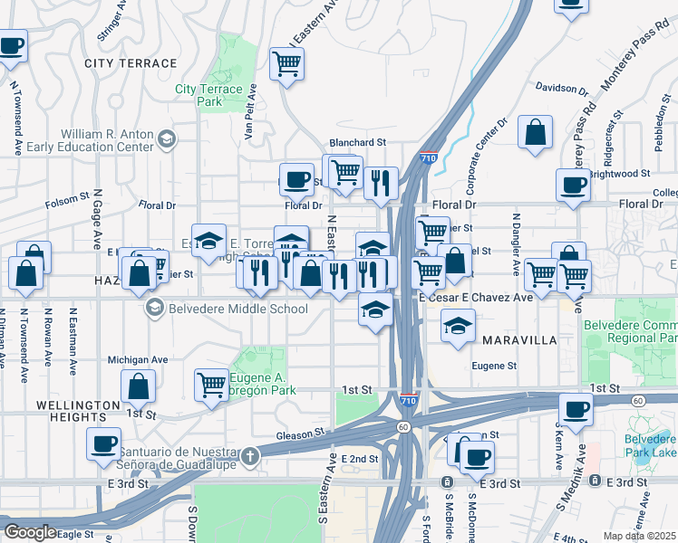 map of restaurants, bars, coffee shops, grocery stores, and more near 4315 East Cesar E Chavez Avenue in East Los Angeles