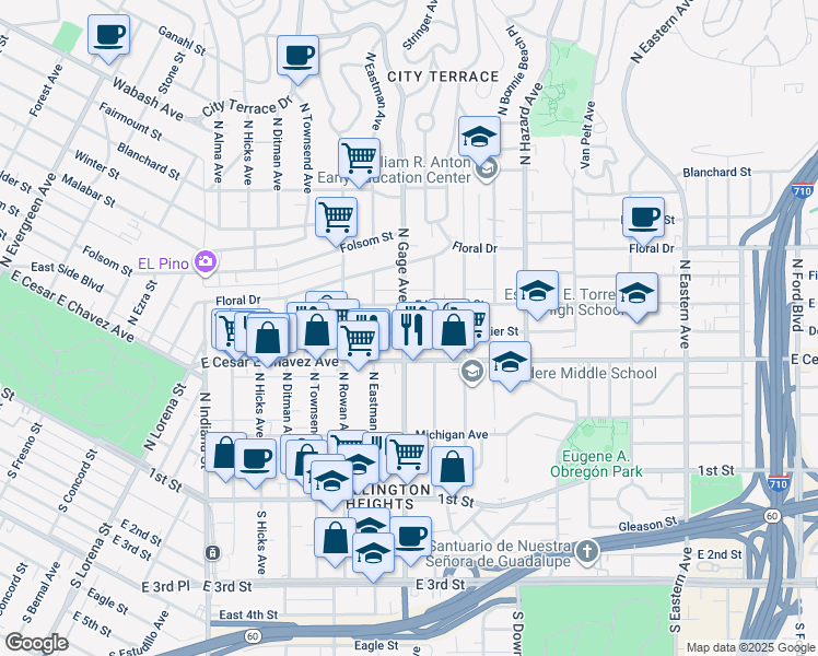 map of restaurants, bars, coffee shops, grocery stores, and more near in East Los Angeles