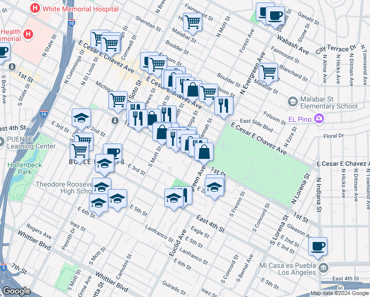 map of restaurants, bars, coffee shops, grocery stores, and more near 2820 East 1st Street in Los Angeles