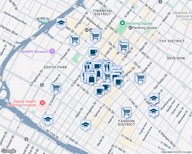map of restaurants, bars, coffee shops, grocery stores, and more near 952 South Broadway in Los Angeles