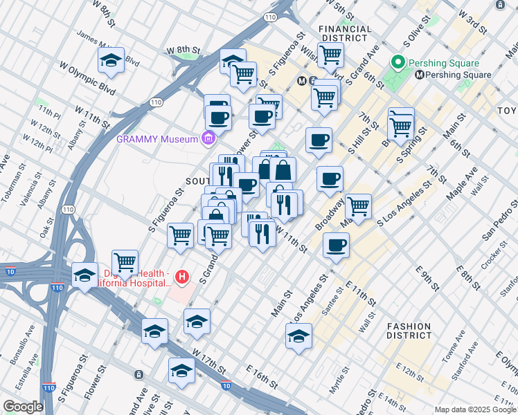 map of restaurants, bars, coffee shops, grocery stores, and more near 1105 South Olive Street in Los Angeles