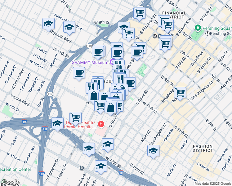 map of restaurants, bars, coffee shops, grocery stores, and more near 1147s South Hope Street in Los Angeles