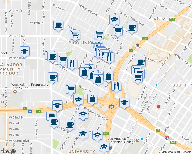 map of restaurants, bars, coffee shops, grocery stores, and more near 1438 Valencia Street in Los Angeles