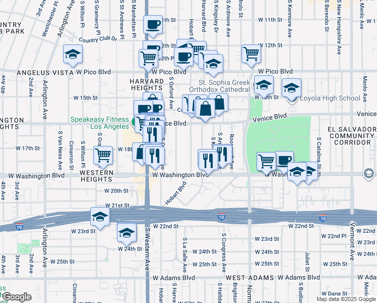 map of restaurants, bars, coffee shops, grocery stores, and more near 1810 South Hobart Boulevard in Los Angeles