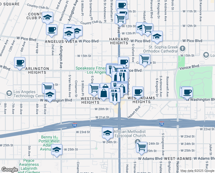 map of restaurants, bars, coffee shops, grocery stores, and more near 1830 South Saint Andrews Place in Los Angeles