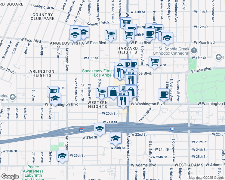map of restaurants, bars, coffee shops, grocery stores, and more near 1830 South Saint Andrews Place in Los Angeles