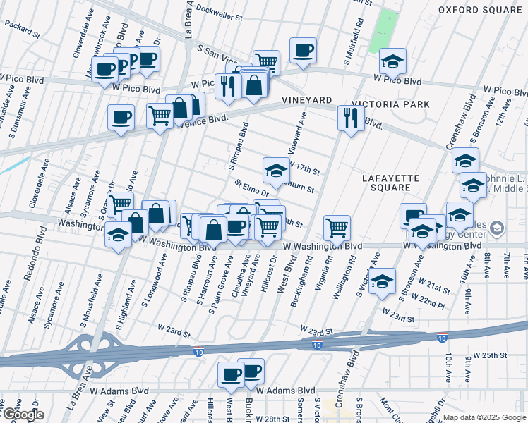 map of restaurants, bars, coffee shops, grocery stores, and more near 1843 Vineyard Avenue in Los Angeles