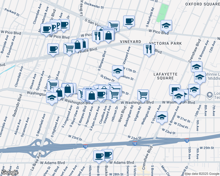 map of restaurants, bars, coffee shops, grocery stores, and more near 1843 Vineyard Avenue in Los Angeles