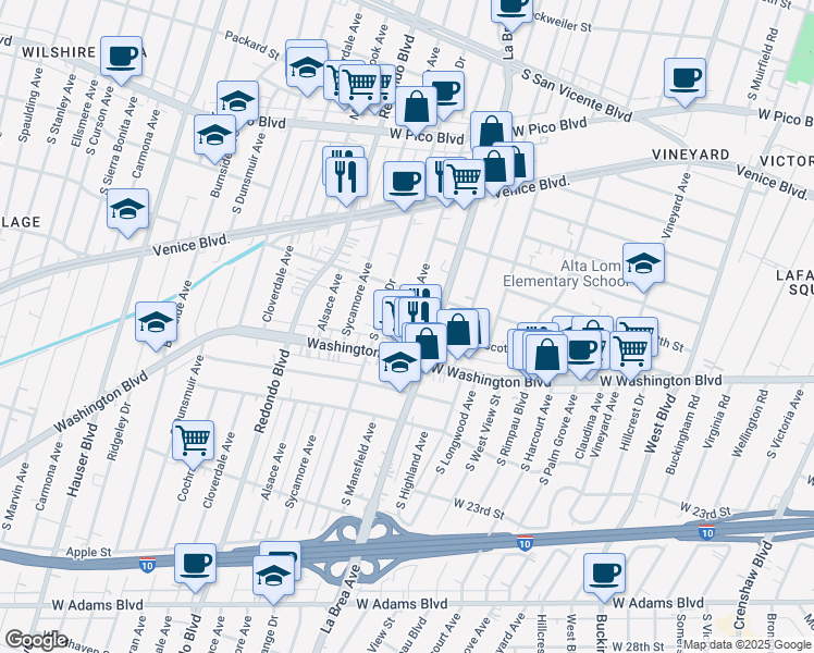 map of restaurants, bars, coffee shops, grocery stores, and more near 1863 South Mansfield Avenue in Los Angeles