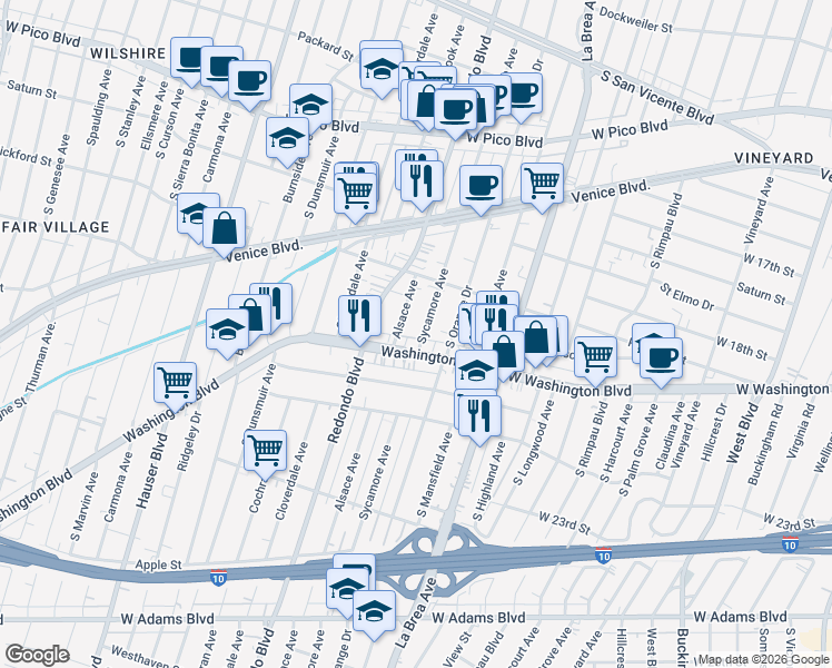map of restaurants, bars, coffee shops, grocery stores, and more near 5112 Washington Boulevard in Los Angeles
