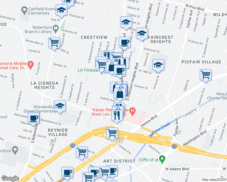 map of restaurants, bars, coffee shops, grocery stores, and more near 1976 South La Cienega Boulevard in Los Angeles