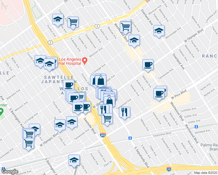 map of restaurants, bars, coffee shops, grocery stores, and more near 2146 South Bentley Avenue in Los Angeles