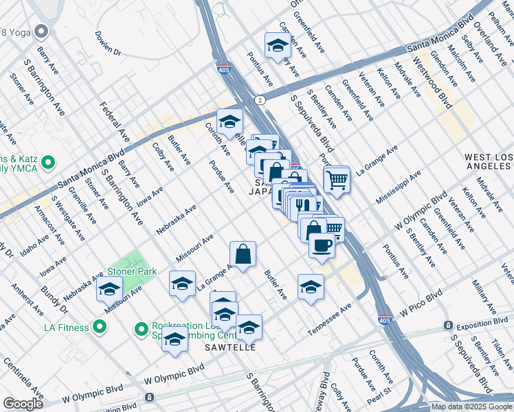 map of restaurants, bars, coffee shops, grocery stores, and more near 1918 Purdue Avenue in Los Angeles