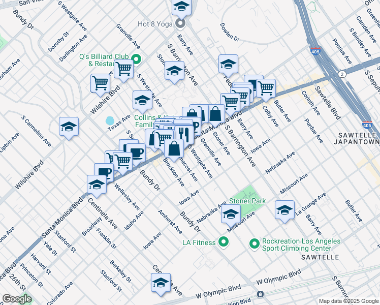 map of restaurants, bars, coffee shops, grocery stores, and more near 1535 Armacost Avenue in Los Angeles