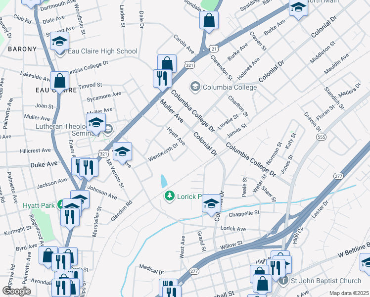 map of restaurants, bars, coffee shops, grocery stores, and more near 1516 Hyatt Avenue in Columbia