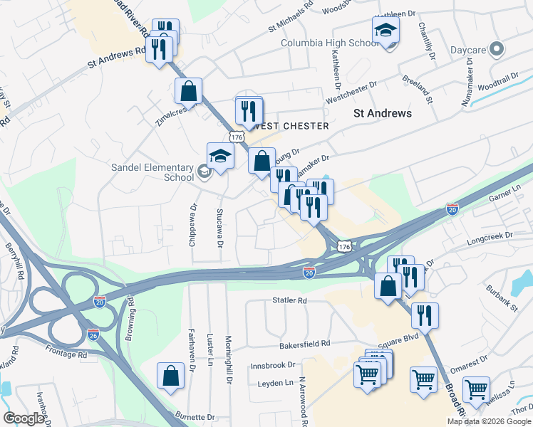 map of restaurants, bars, coffee shops, grocery stores, and more near 222 Old Manor Road in Columbia