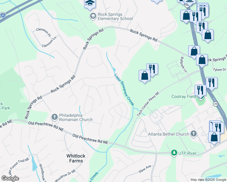 map of restaurants, bars, coffee shops, grocery stores, and more near 2772 Springfount Court Northeast in Lawrenceville