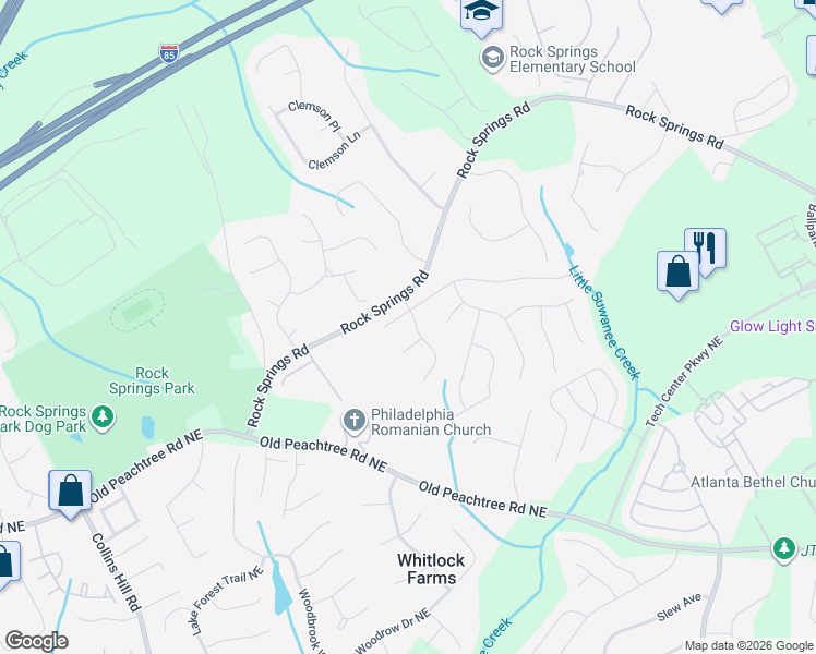 map of restaurants, bars, coffee shops, grocery stores, and more near 699 Springrock Hill Court Northeast in Lawrenceville