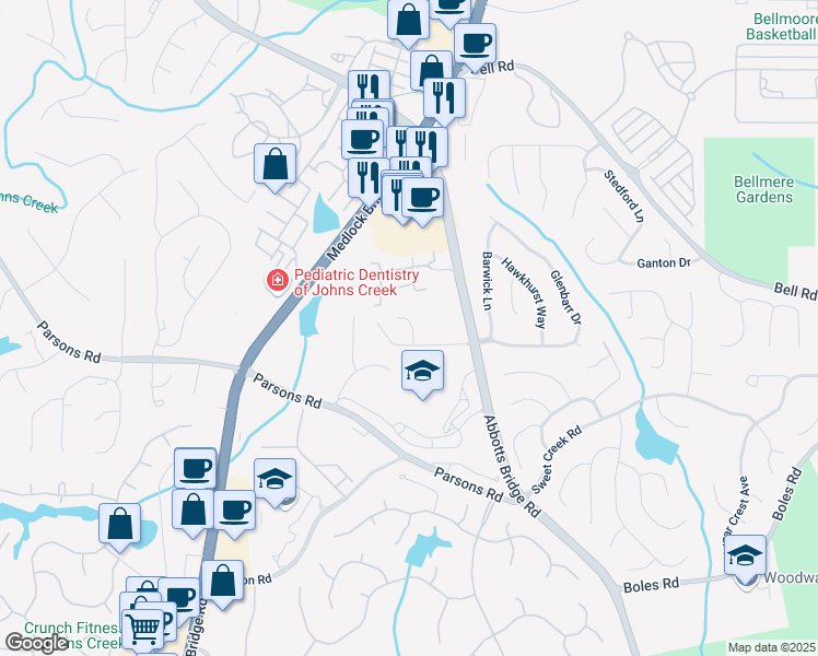 map of restaurants, bars, coffee shops, grocery stores, and more near 745 Abbott's Mill Court in Duluth