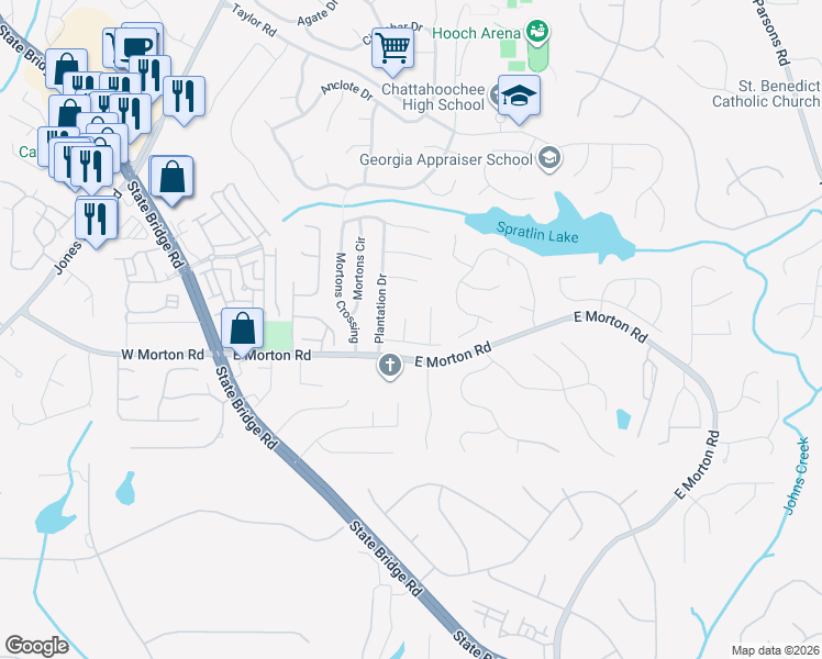 map of restaurants, bars, coffee shops, grocery stores, and more near 115 Plantation Court in Alpharetta
