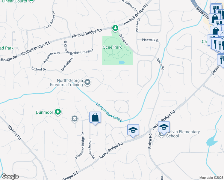map of restaurants, bars, coffee shops, grocery stores, and more near 10350 Tuxford Drive in Alpharetta