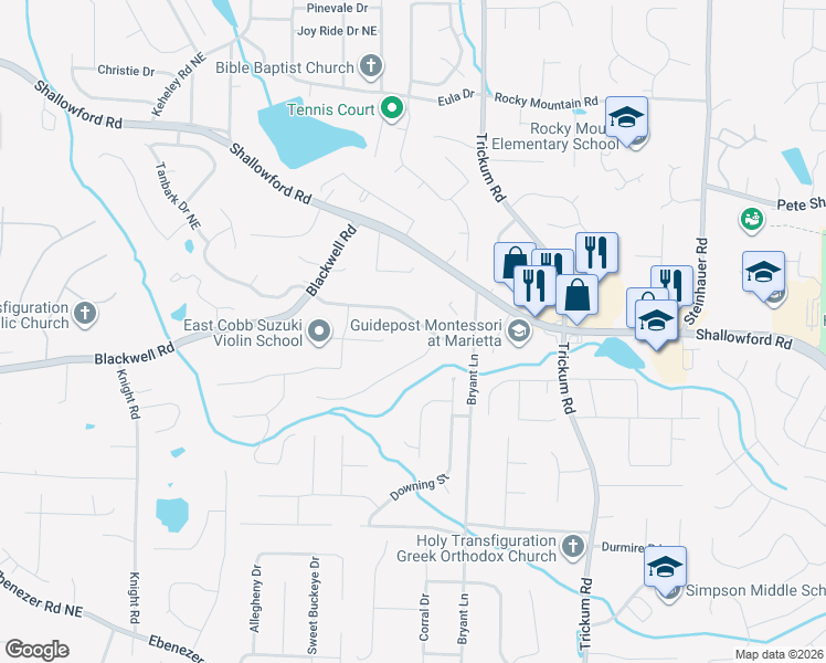 map of restaurants, bars, coffee shops, grocery stores, and more near 2170 Wenlok Trail in Marietta