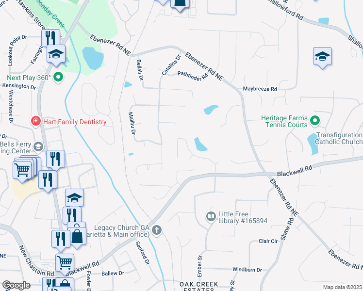 map of restaurants, bars, coffee shops, grocery stores, and more near 3655 Autumn Ridge Parkway in Marietta
