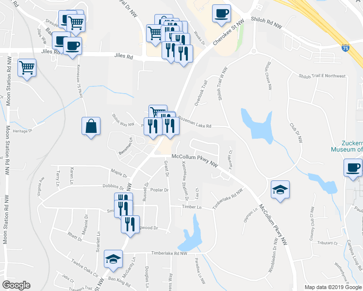map of restaurants, bars, coffee shops, grocery stores, and more near 1455 Kennesaw Trace Court in Kennesaw