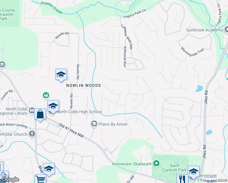 map of restaurants, bars, coffee shops, grocery stores, and more near 3530 Donamire Cove Northwest in Kennesaw