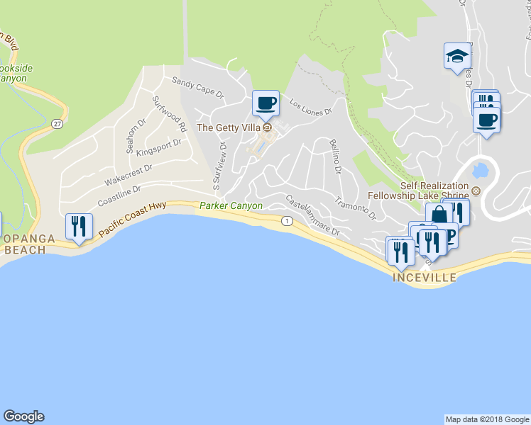map of restaurants, bars, coffee shops, grocery stores, and more near 17900 Porto Marina Way in Los Angeles