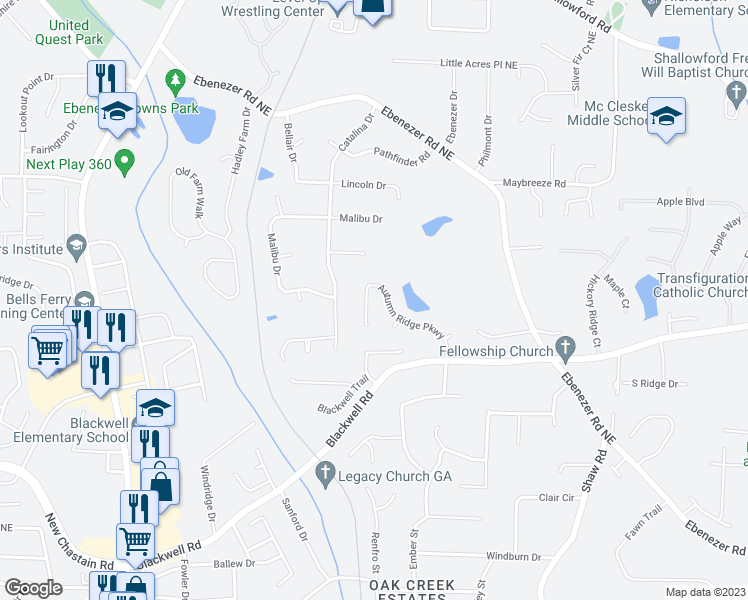 map of restaurants, bars, coffee shops, grocery stores, and more near 3655 Autumn Ridge Parkway in Marietta
