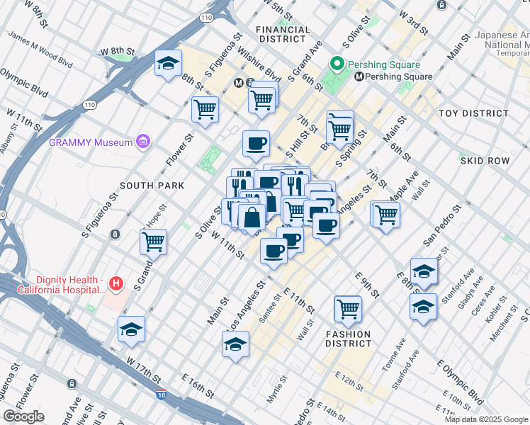 map of restaurants, bars, coffee shops, grocery stores, and more near 939 South Broadway in Los Angeles