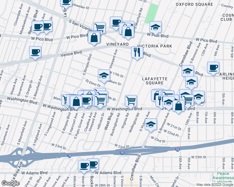 map of restaurants, bars, coffee shops, grocery stores, and more near 1750 West Boulevard in Los Angeles