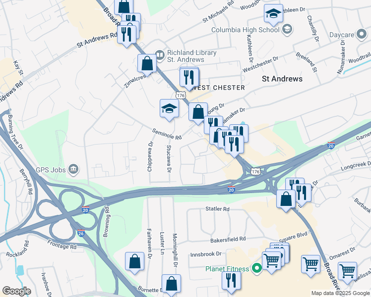 map of restaurants, bars, coffee shops, grocery stores, and more near 923 Old Manor Road in Columbia