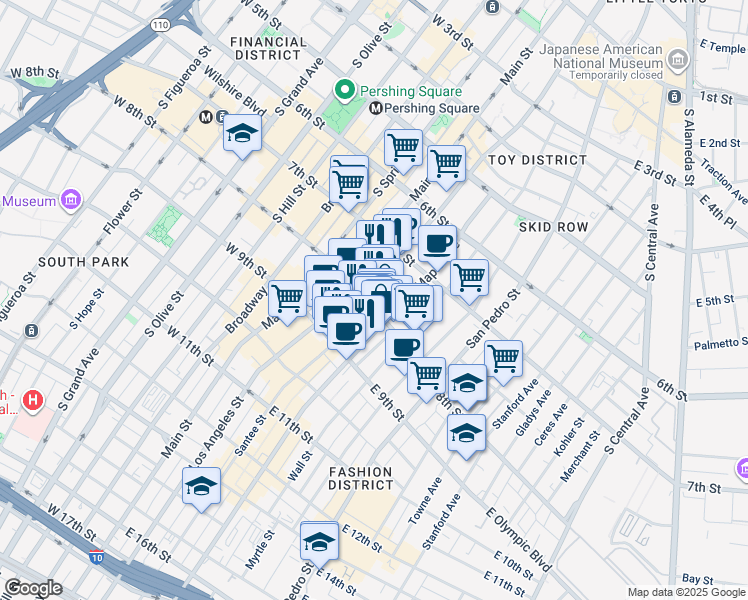 map of restaurants, bars, coffee shops, grocery stores, and more near 217 East 8th Street in Los Angeles