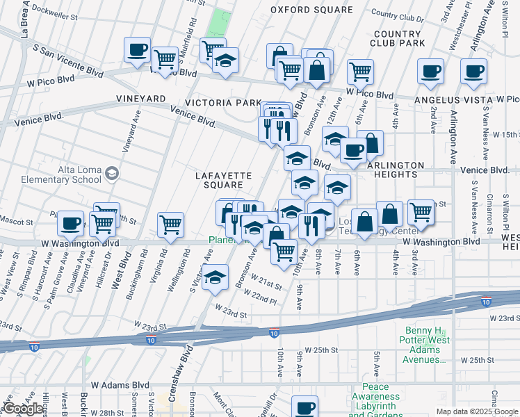 map of restaurants, bars, coffee shops, grocery stores, and more near 1802 Crenshaw Boulevard in Los Angeles