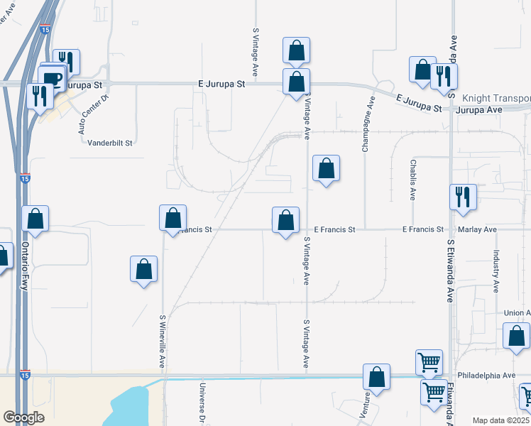 map of restaurants, bars, coffee shops, grocery stores, and more near 5151 East Francis Street in Ontario
