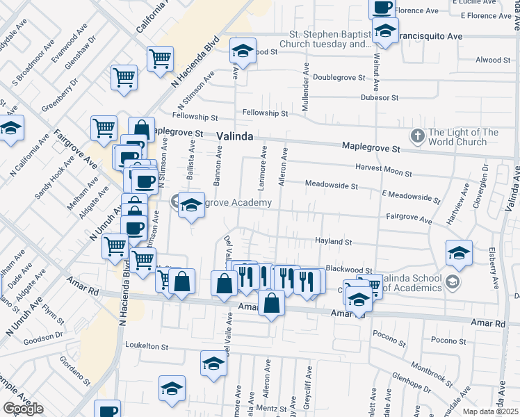 map of restaurants, bars, coffee shops, grocery stores, and more near 1078 Larimore Avenue in La Puente
