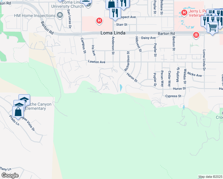 map of restaurants, bars, coffee shops, grocery stores, and more near 11661 Anderson Street in Loma Linda