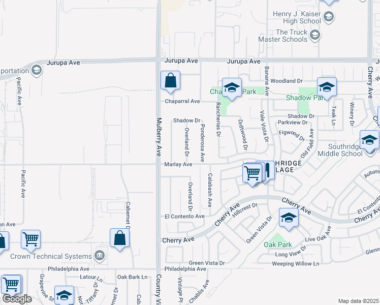 map of restaurants, bars, coffee shops, grocery stores, and more near 11655 Overland Drive in Fontana