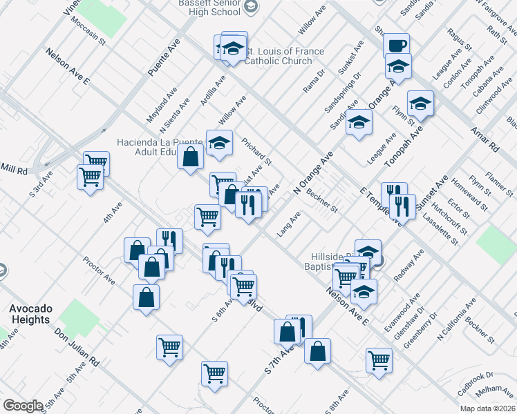 map of restaurants, bars, coffee shops, grocery stores, and more near 321 North Orange Avenue in La Puente