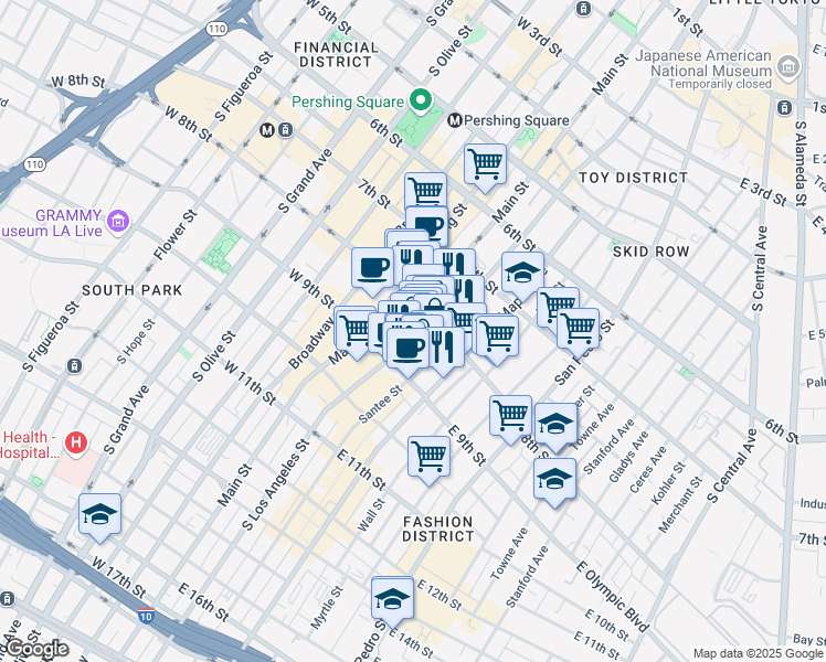 map of restaurants, bars, coffee shops, grocery stores, and more near 825 Santee Street in Los Angeles