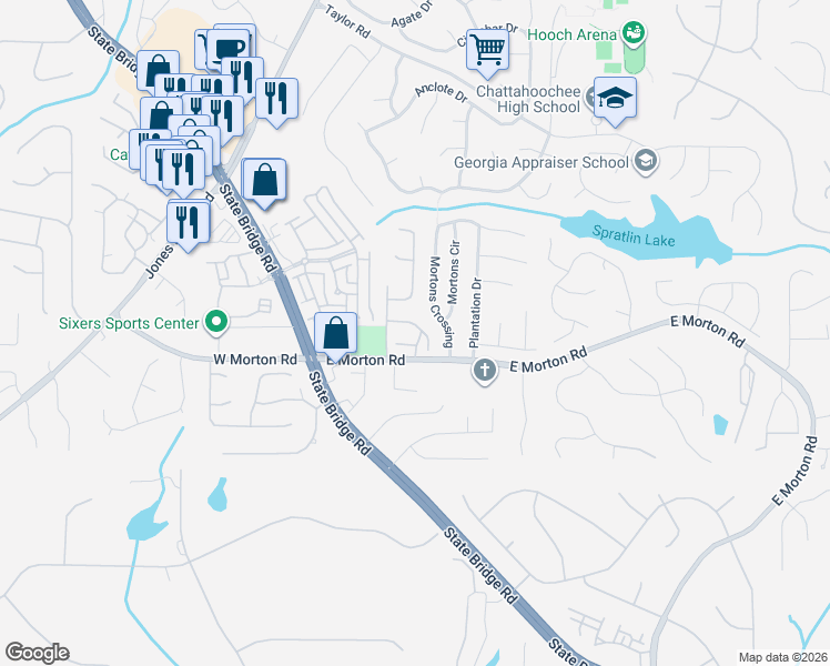 map of restaurants, bars, coffee shops, grocery stores, and more near 3003 Morningside Park Court in Alpharetta
