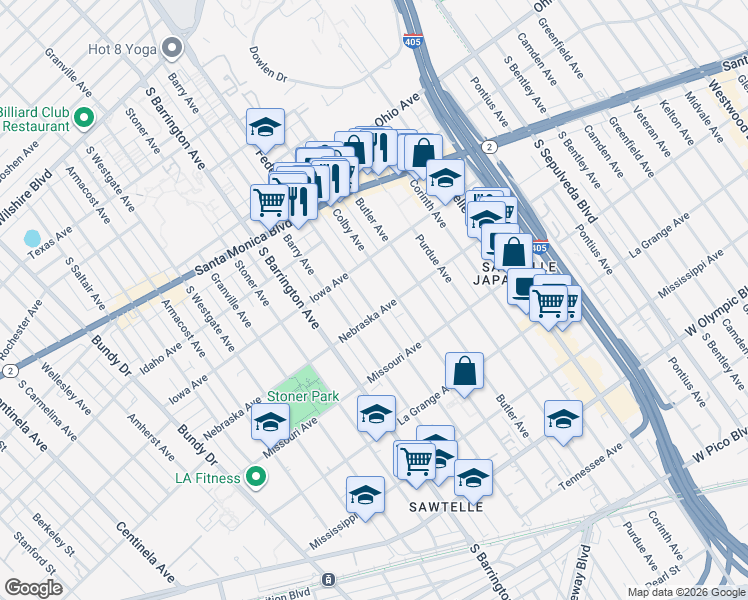 map of restaurants, bars, coffee shops, grocery stores, and more near 1742 Federal Avenue in Los Angeles