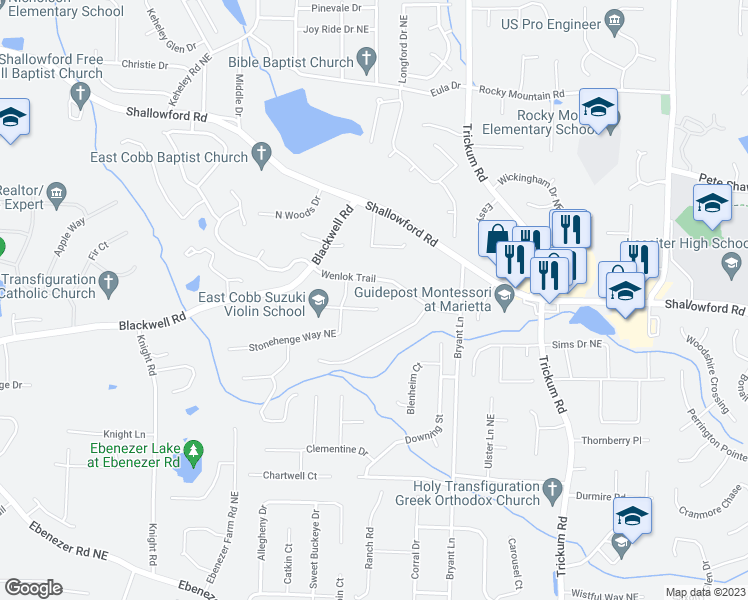 map of restaurants, bars, coffee shops, grocery stores, and more near 2113 Candlewood Court Northeast in Marietta