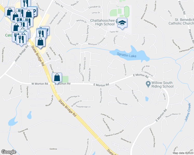 map of restaurants, bars, coffee shops, grocery stores, and more near 115 Plantation Court in Alpharetta
